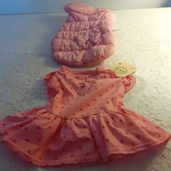 Lot of 2. Bond Co. (S) Pink Polka Dot Dress & Simply Dog Pink Puffy Quilted Coat - Picture 1 of 5